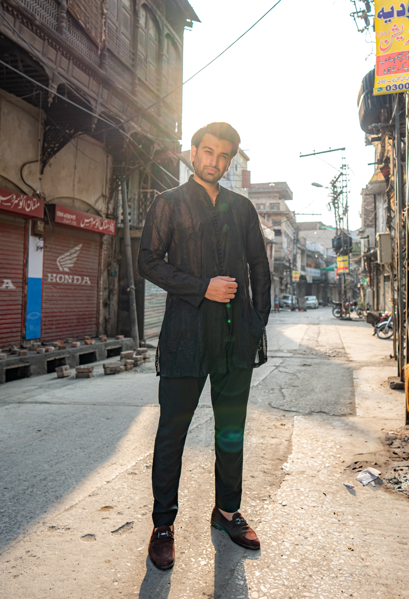 Black Embroidered Short Kurta with Pajama For Men