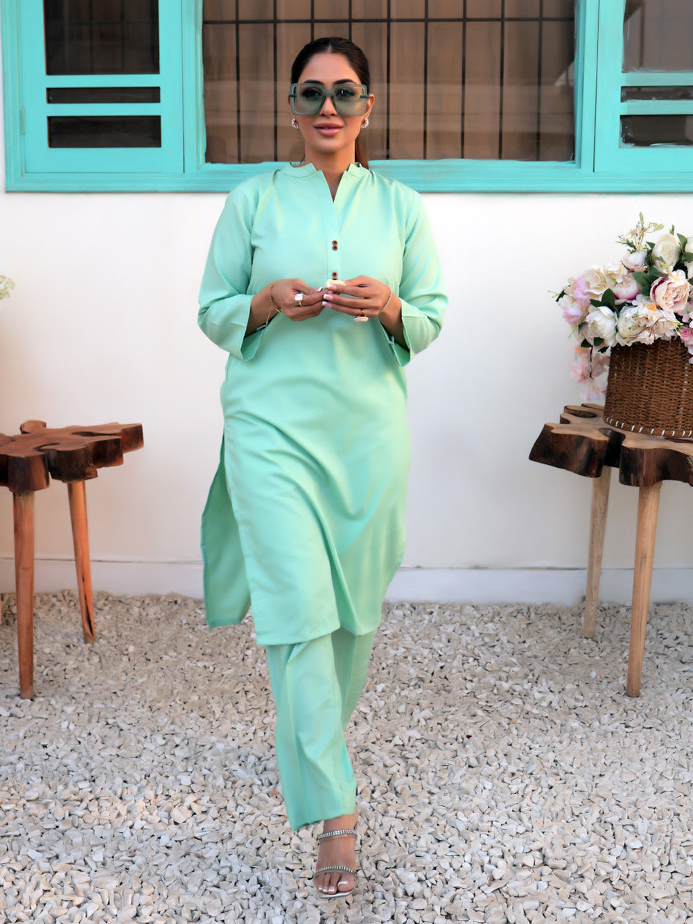 Aqua Marine Co-Ord Set: Shirt & Straight Pant For Women