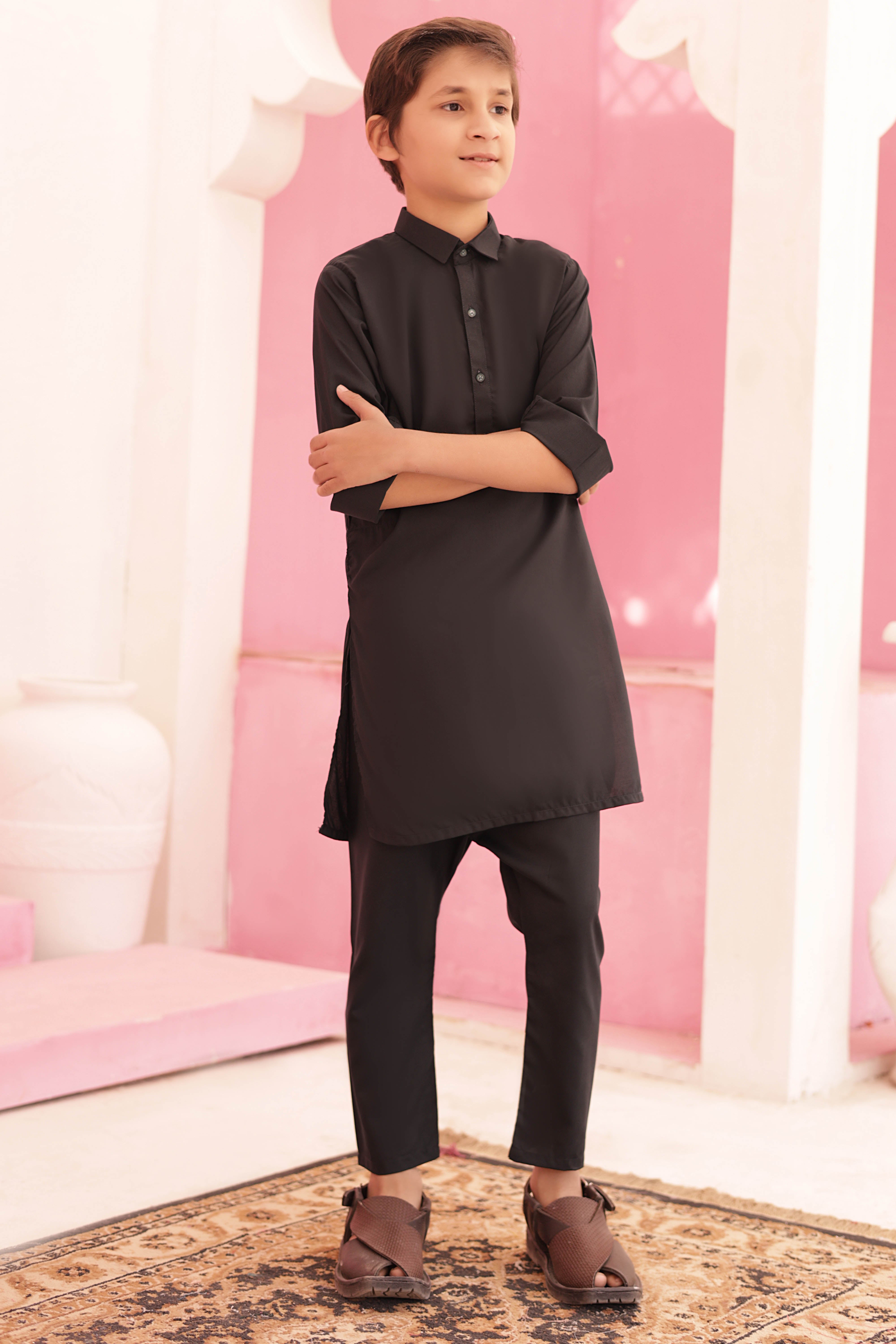Pitch Black Kurta and Trouser Set with Shirt Collar For Boys