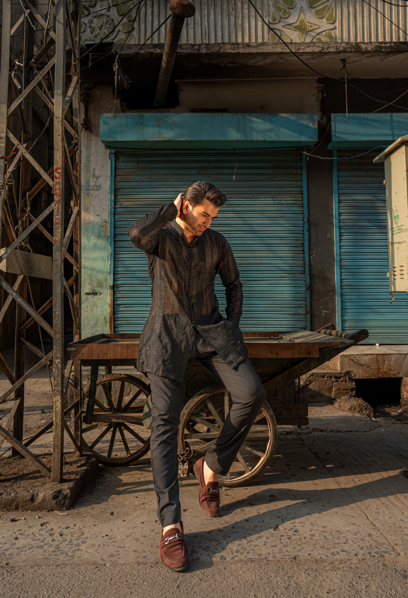 Black Embroidered Short Kurta with Pajama For Men