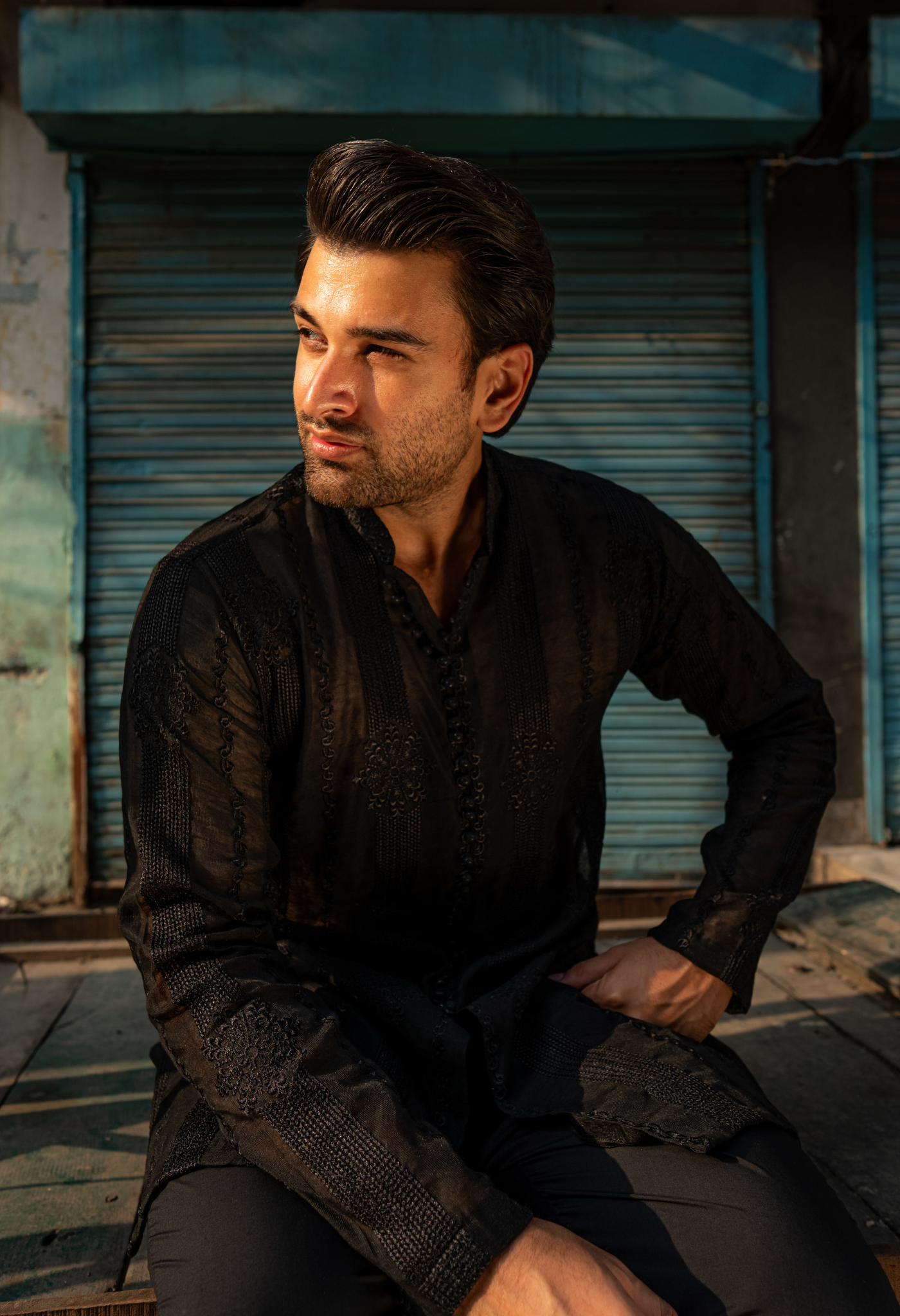 Black Embroidered Short Kurta with Pajama For Men