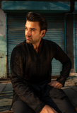 Black Embroidered Short Kurta with Pajama For Men