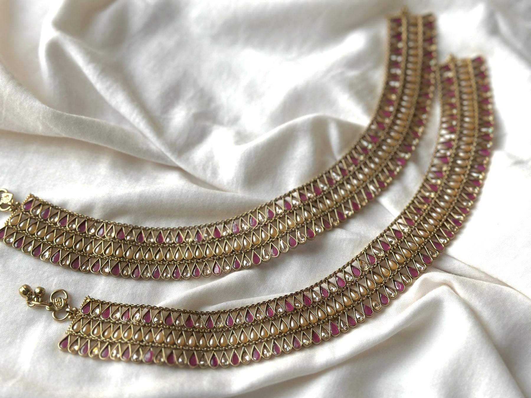 Ratna Jal Payal – Triple-Layered Design | Pearl, Ruby & Champagne Polki | Antique Brass Finish For Women