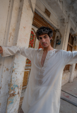 White Chickenkari Embroidered Short Kurta with Bell Bottom For Men