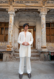 White Chickenkari Embroidered Short Kurta with Bell Bottom For Men