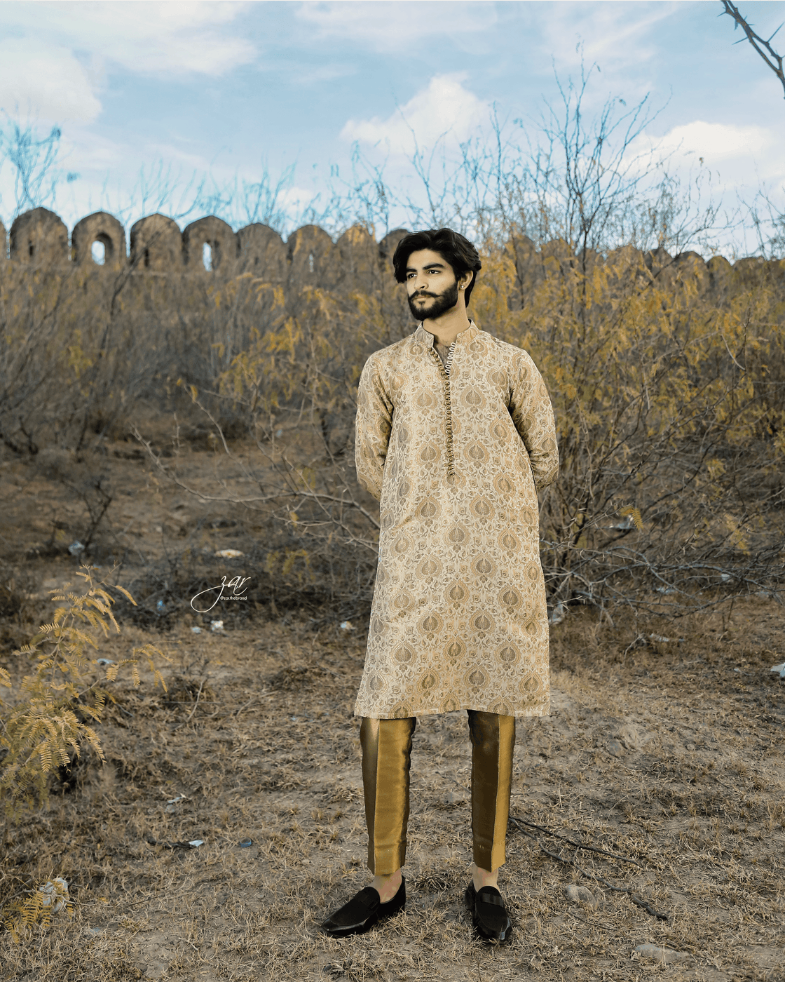 Beige 2-Piece Kurta Suit with Formal Pants For Men