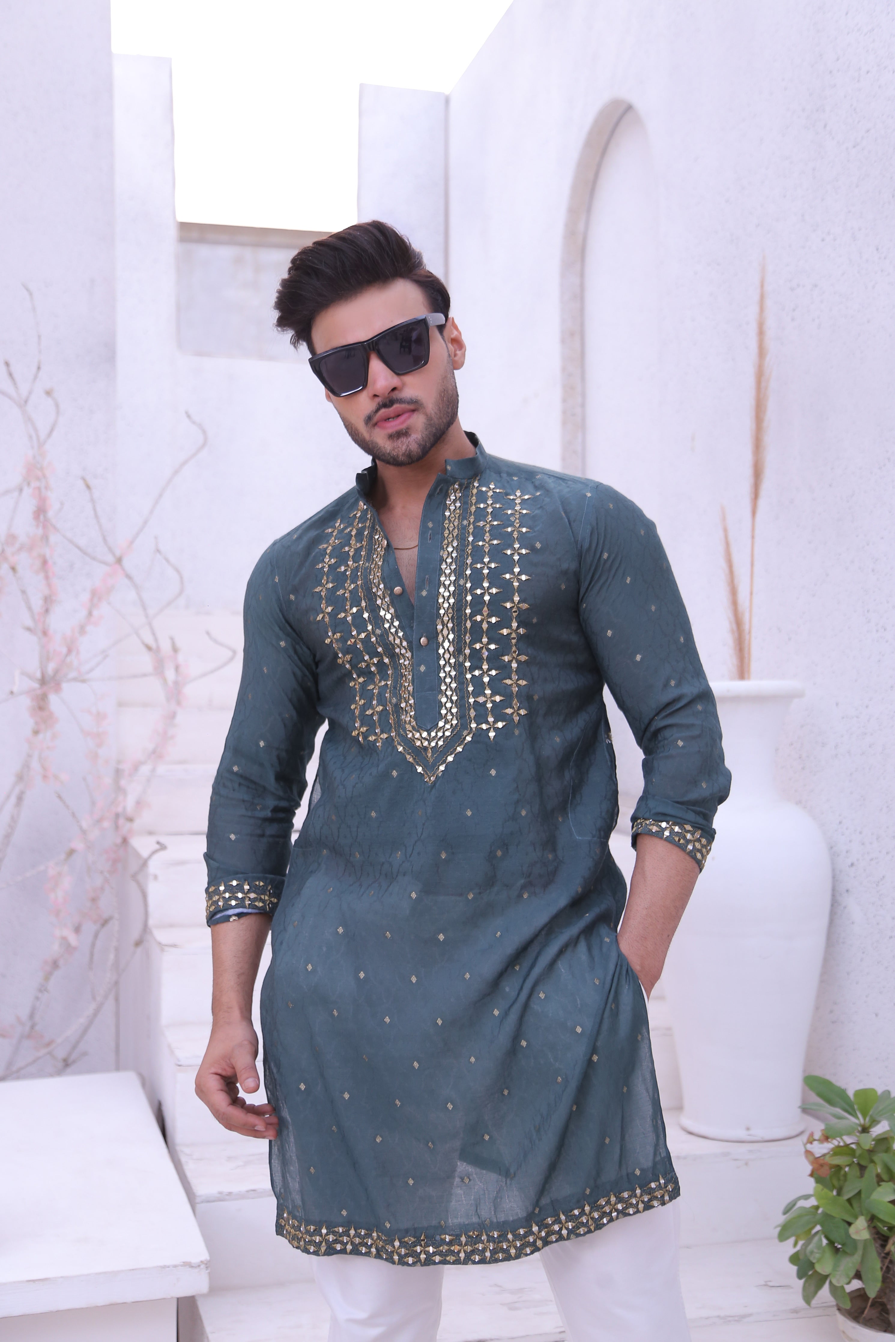 Green Color Mirror Work Embroidery Kurta Pajama For Men