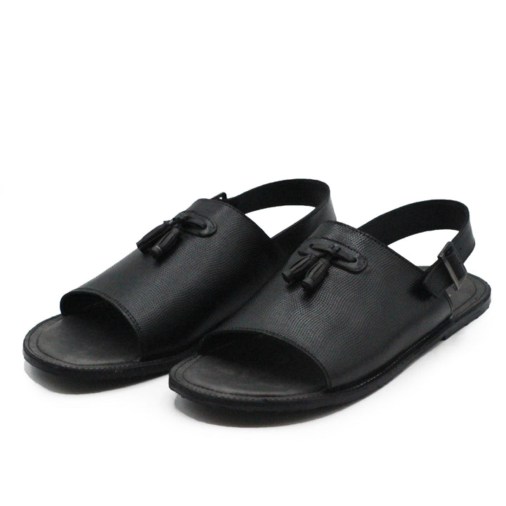Black Color With Black-Tassels Leather Sandals For Men