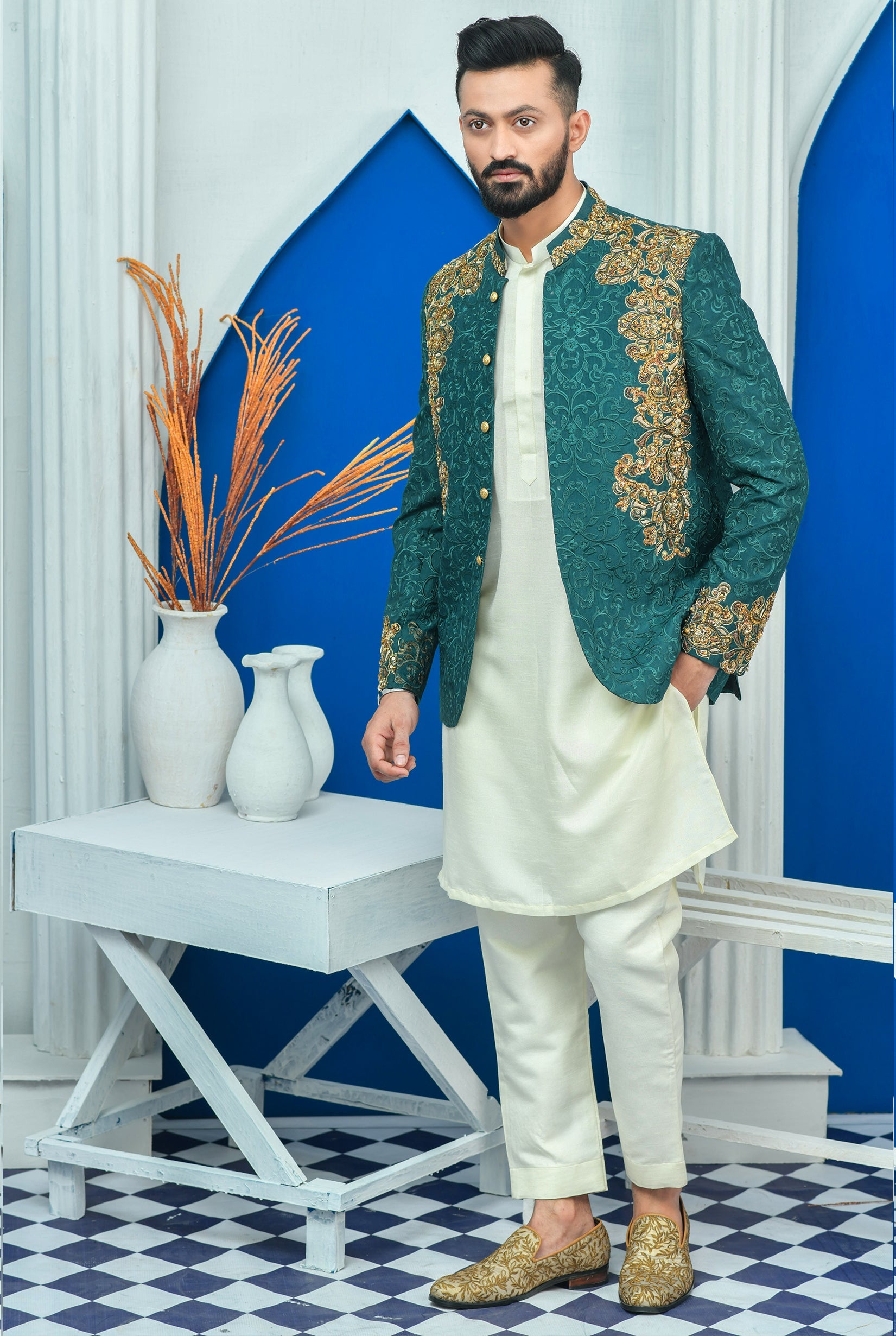 Royal Green Embroidered Prince Coat For Men