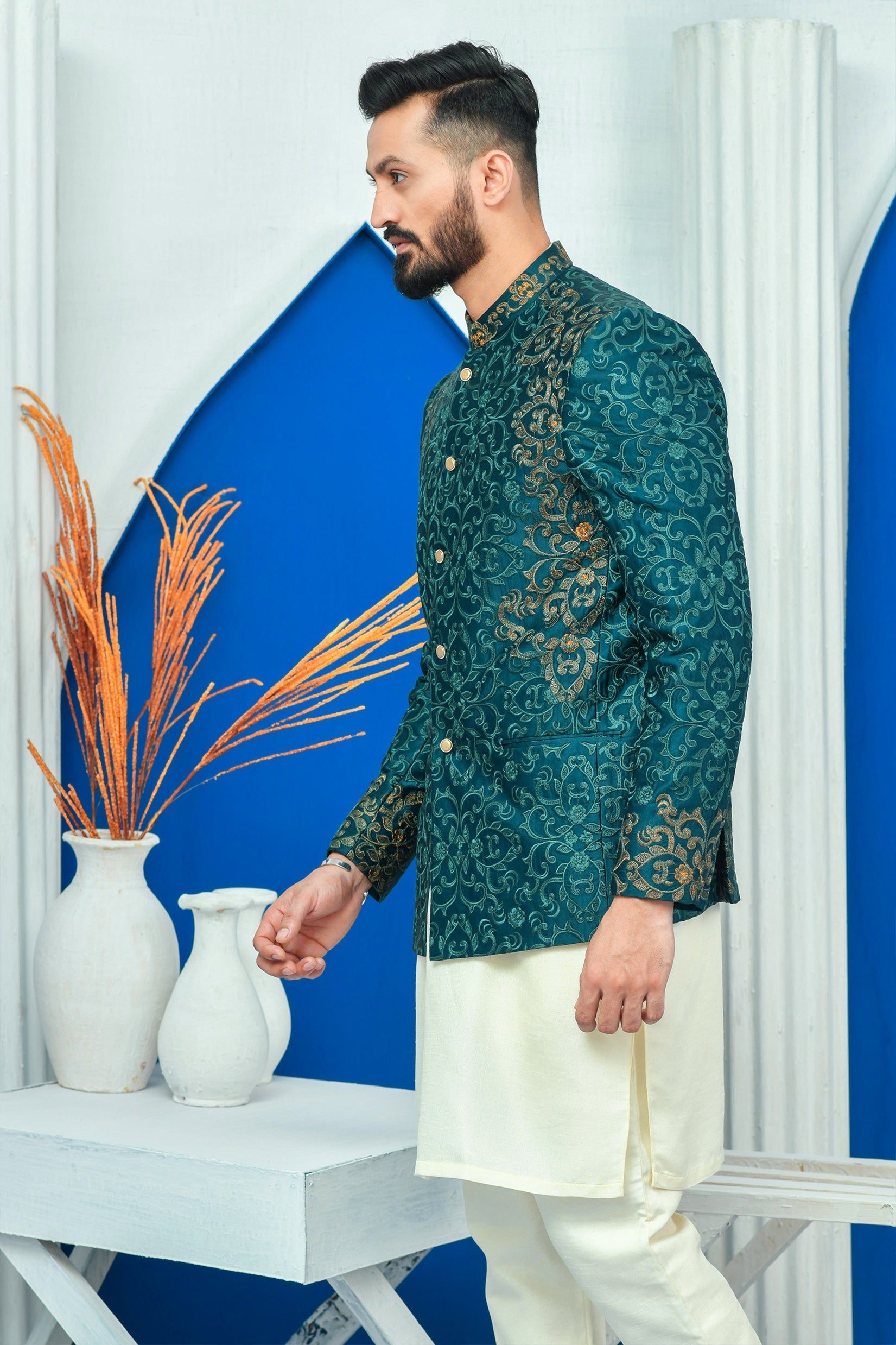 Royal Green Zari Embroidered Prince Coat For Men