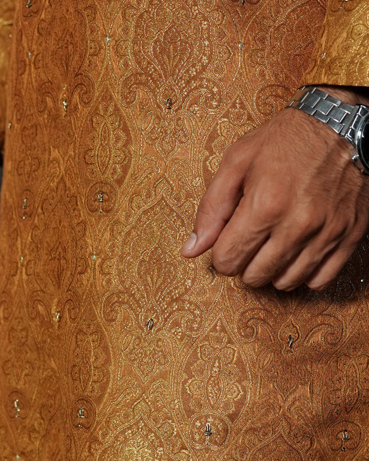 Rust Embroidered Atlas Kameez Shalwar with Dupatta For Men