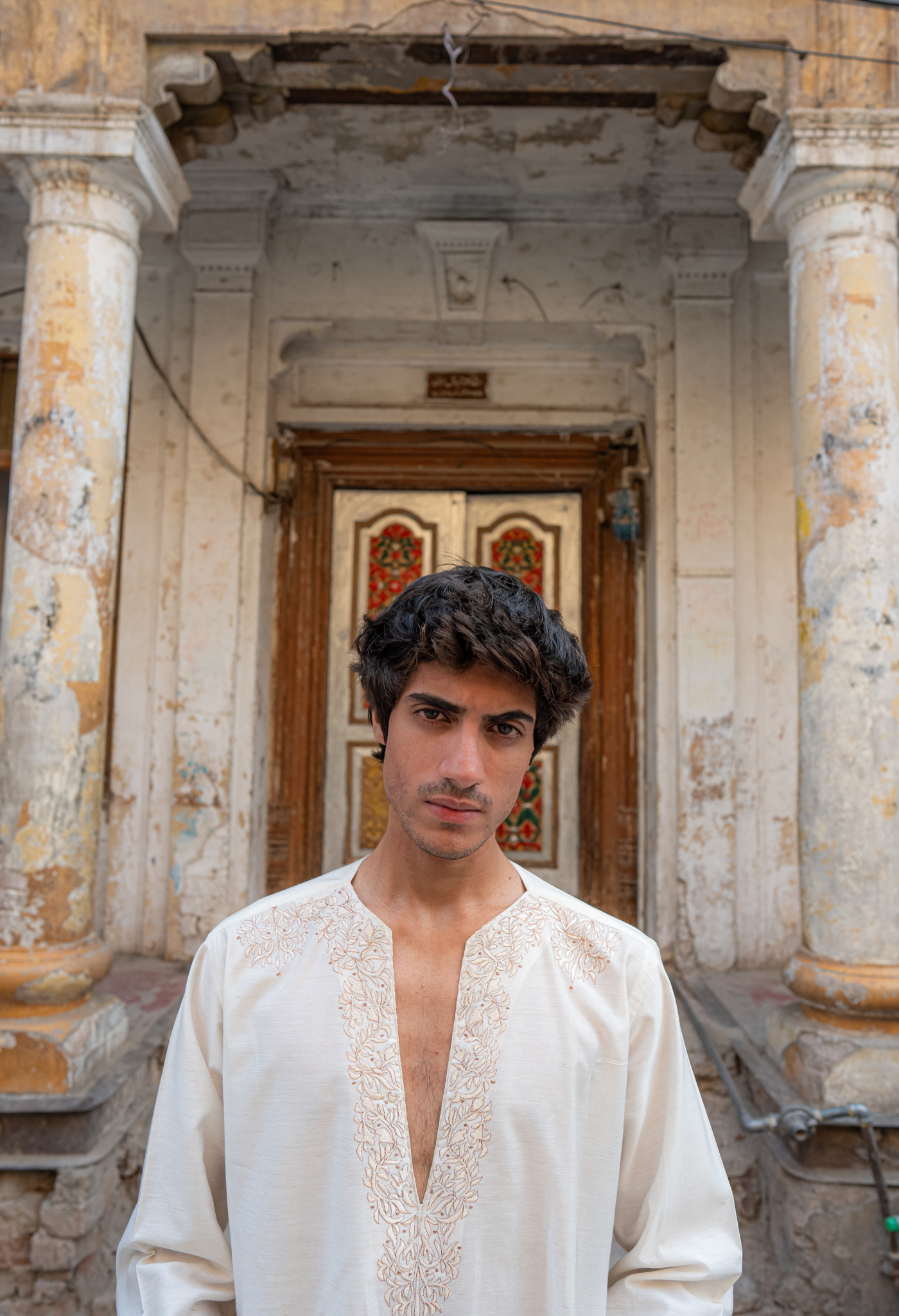 White Chickenkari Embroidered Short Kurta with Bell Bottom For Men