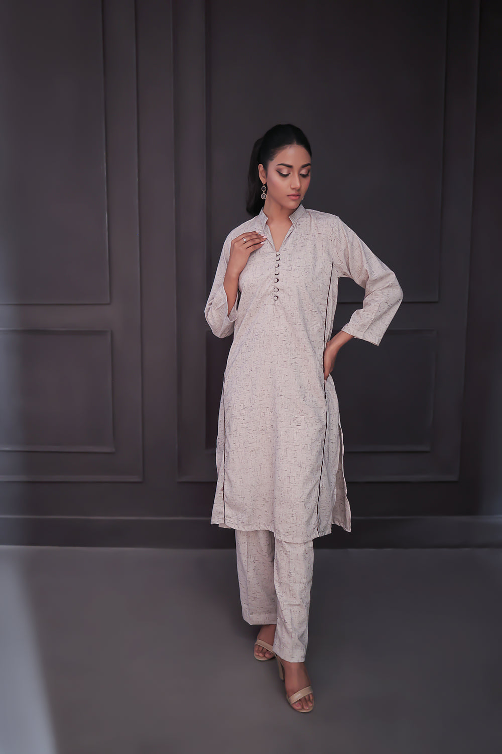 Ash Grey Kalidaar Co-Ord Set: Shirt & Straight Pant For Women
