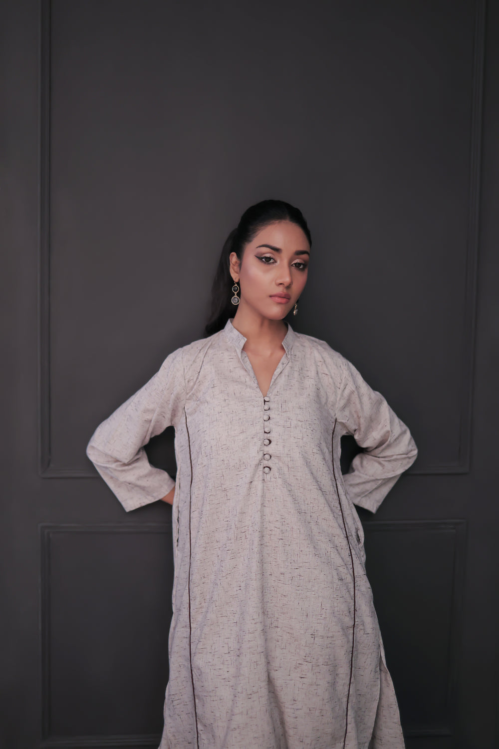 Ash Grey Kalidaar Co-Ord Set: Shirt & Straight Pant For Women