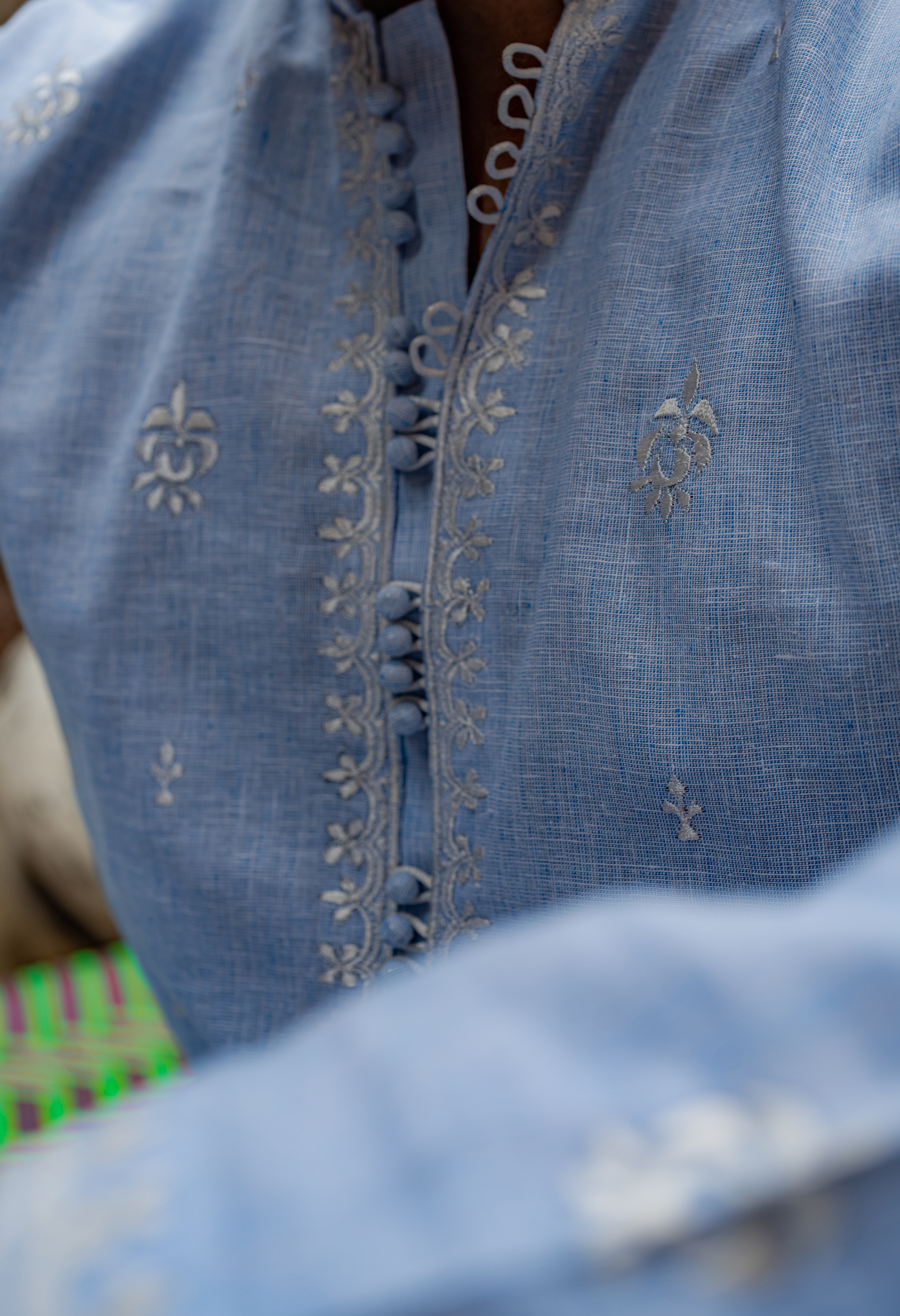 Sky Blue Short Embroidered Kurta with Farshi Shalwar For Men