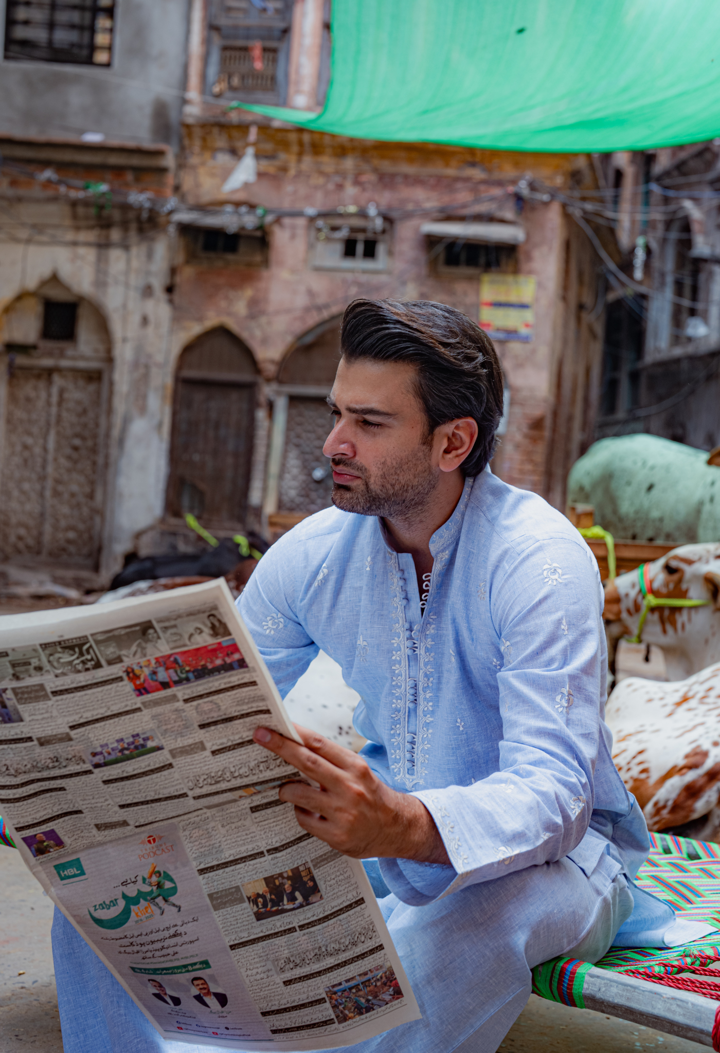 Sky Blue Short Embroidered Kurta with Farshi Shalwar For Men