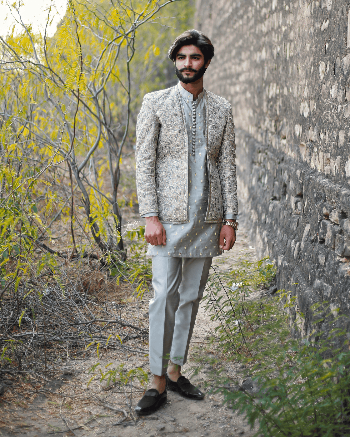 Grey 3-Piece Embroidered Suit with Prince Coat For Men