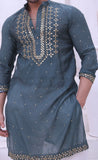 Green Color Mirror Work Embroidery Kurta Pajama For Men