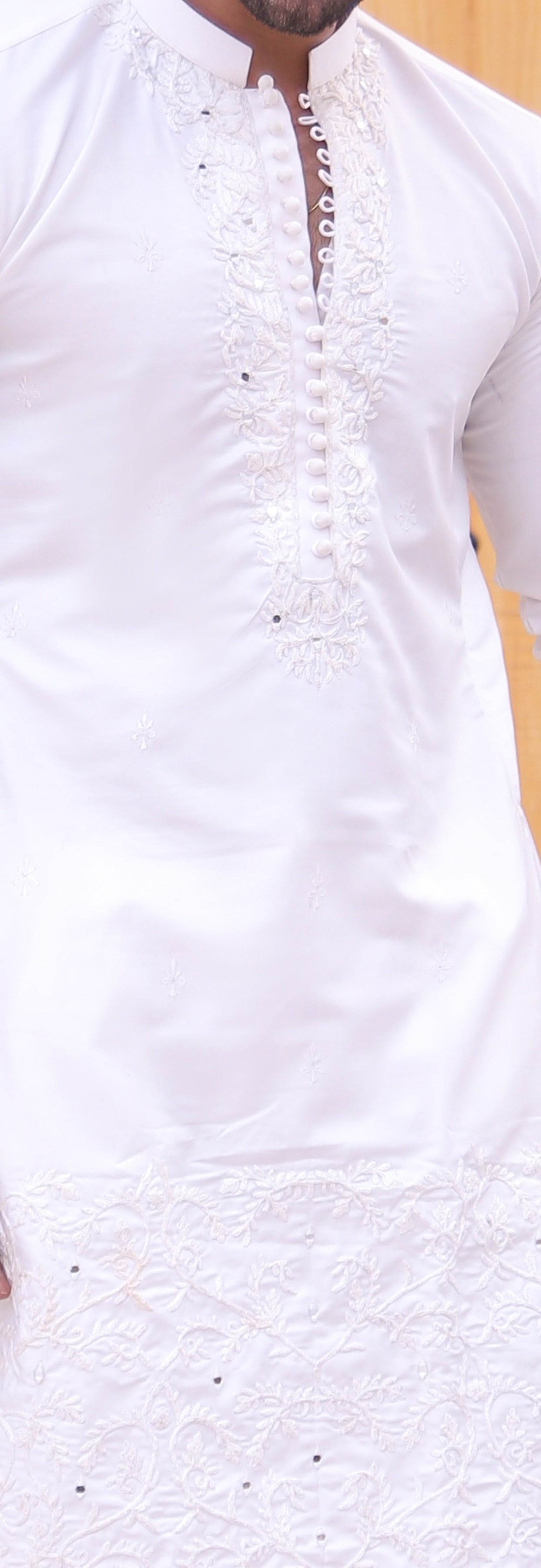 White Color Mirror Work Embroidery Loop Botton Kurta Pajama For Men