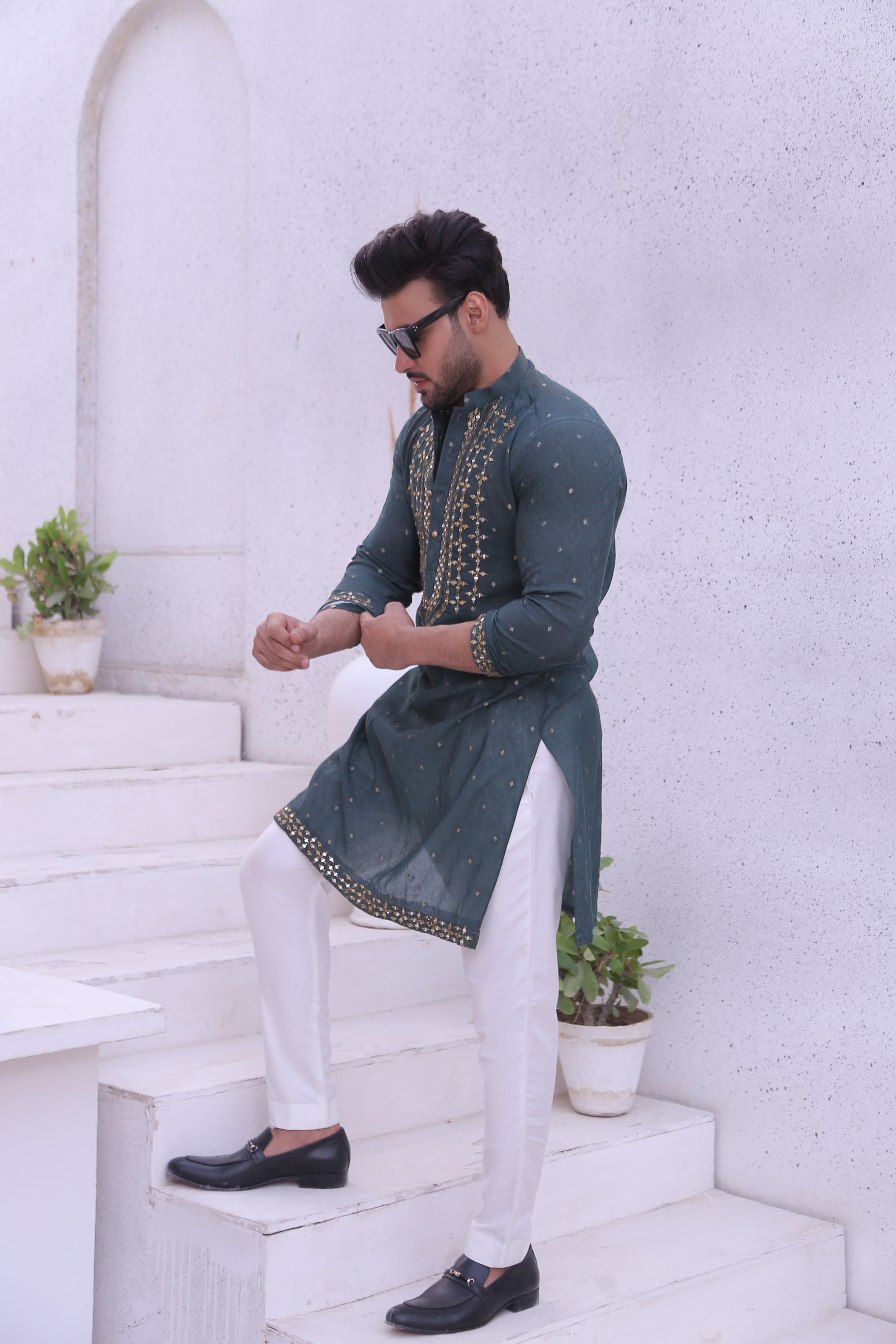 Green Color Mirror Work Embroidery Kurta Pajama For Men