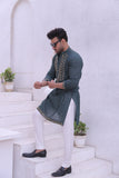 Green Color Mirror Work Embroidery Kurta Pajama For Men