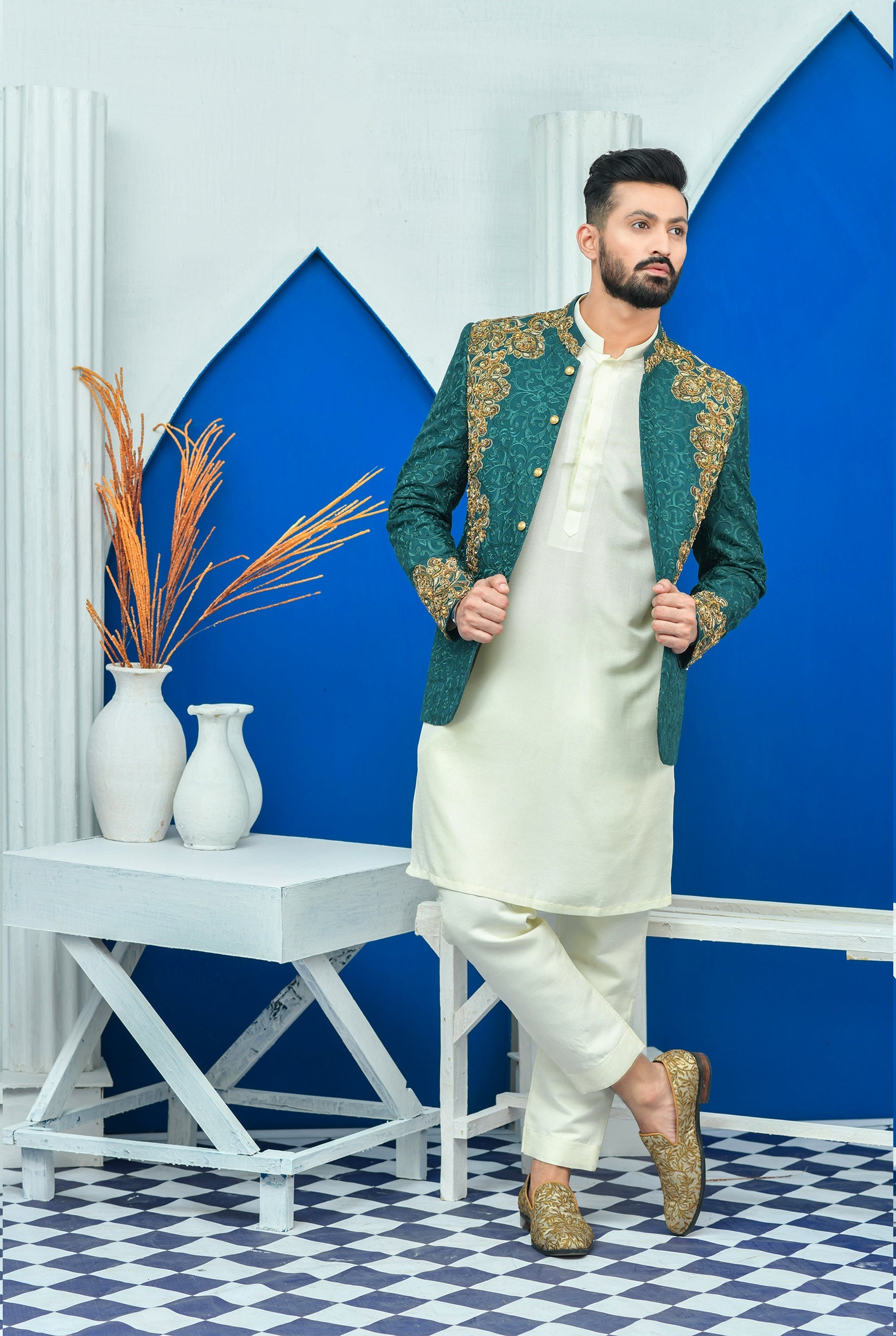 Royal Green Embroidered Prince Coat For Men
