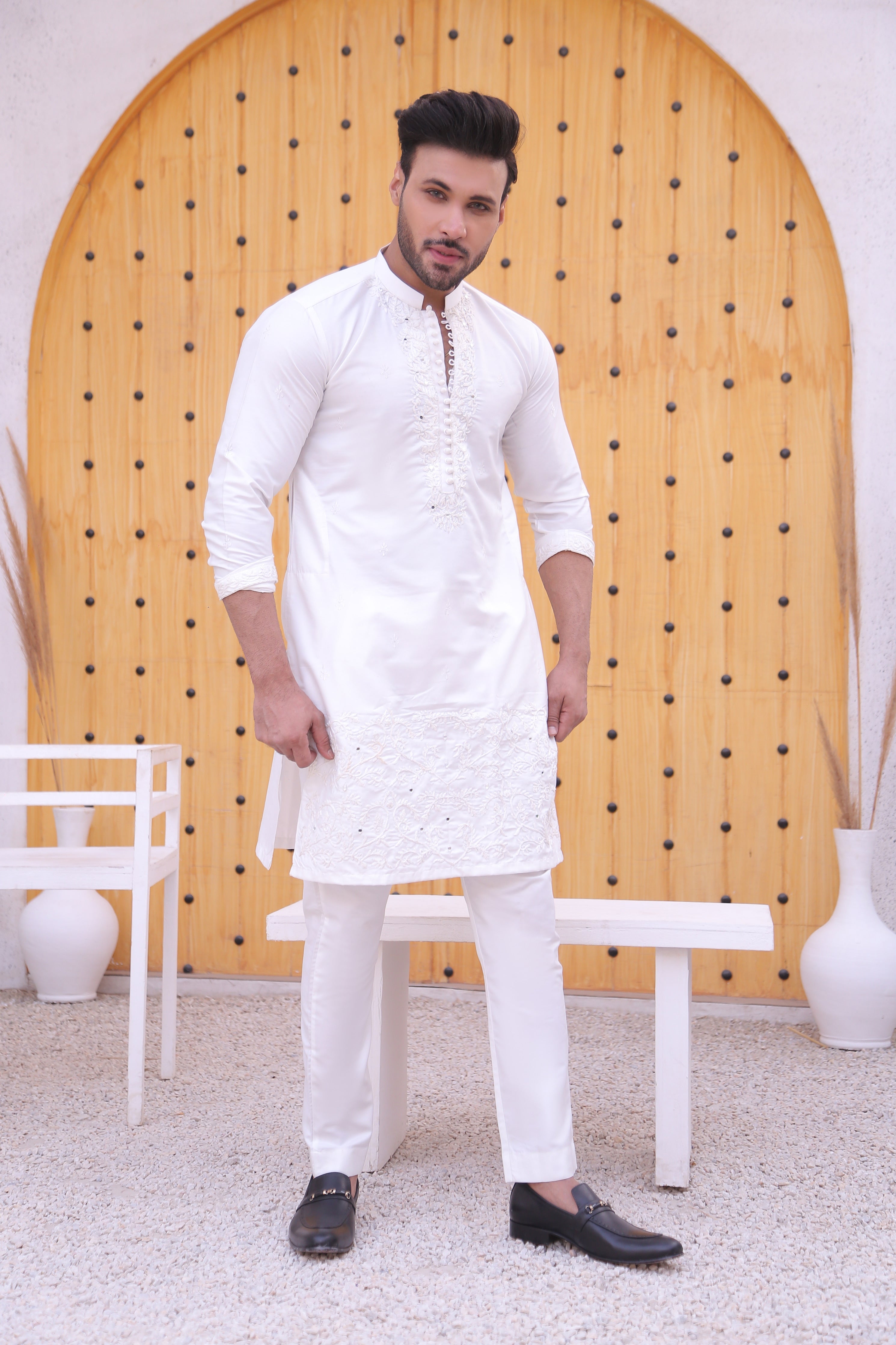 White Color Mirror Work Embroidery Loop Botton Kurta Pajama For Men