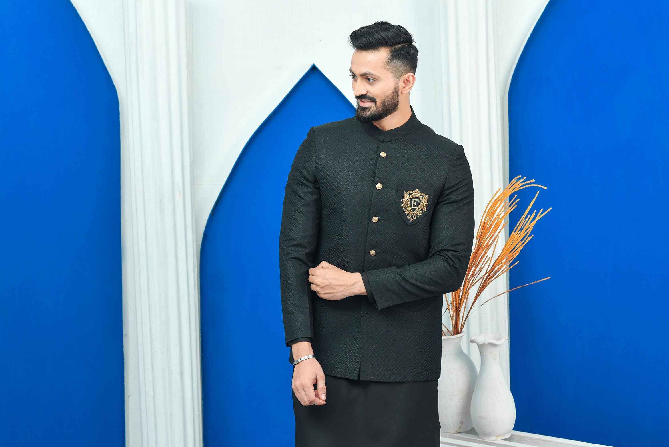 Black Exclusive Tropical Checkered Embroidered Prince Coat For Men