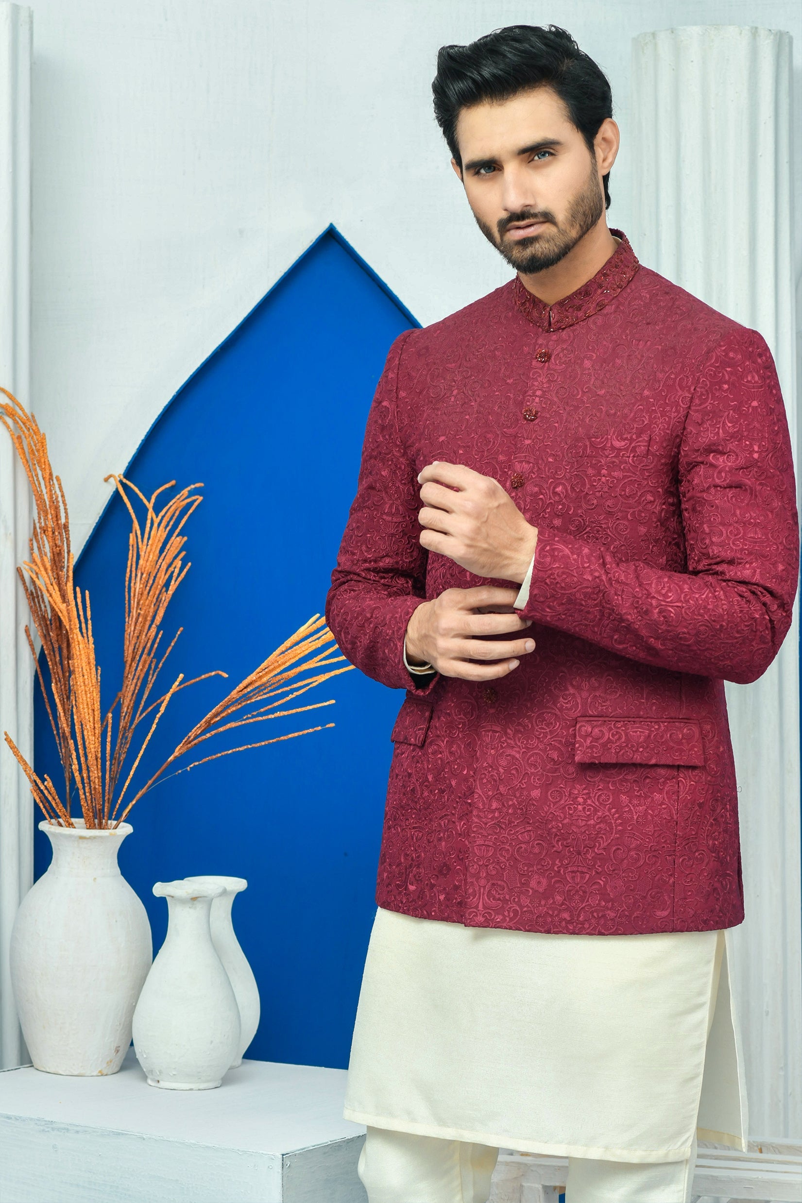 Maroon Color Kora & Dabka Embroidered Prince Coat For Men