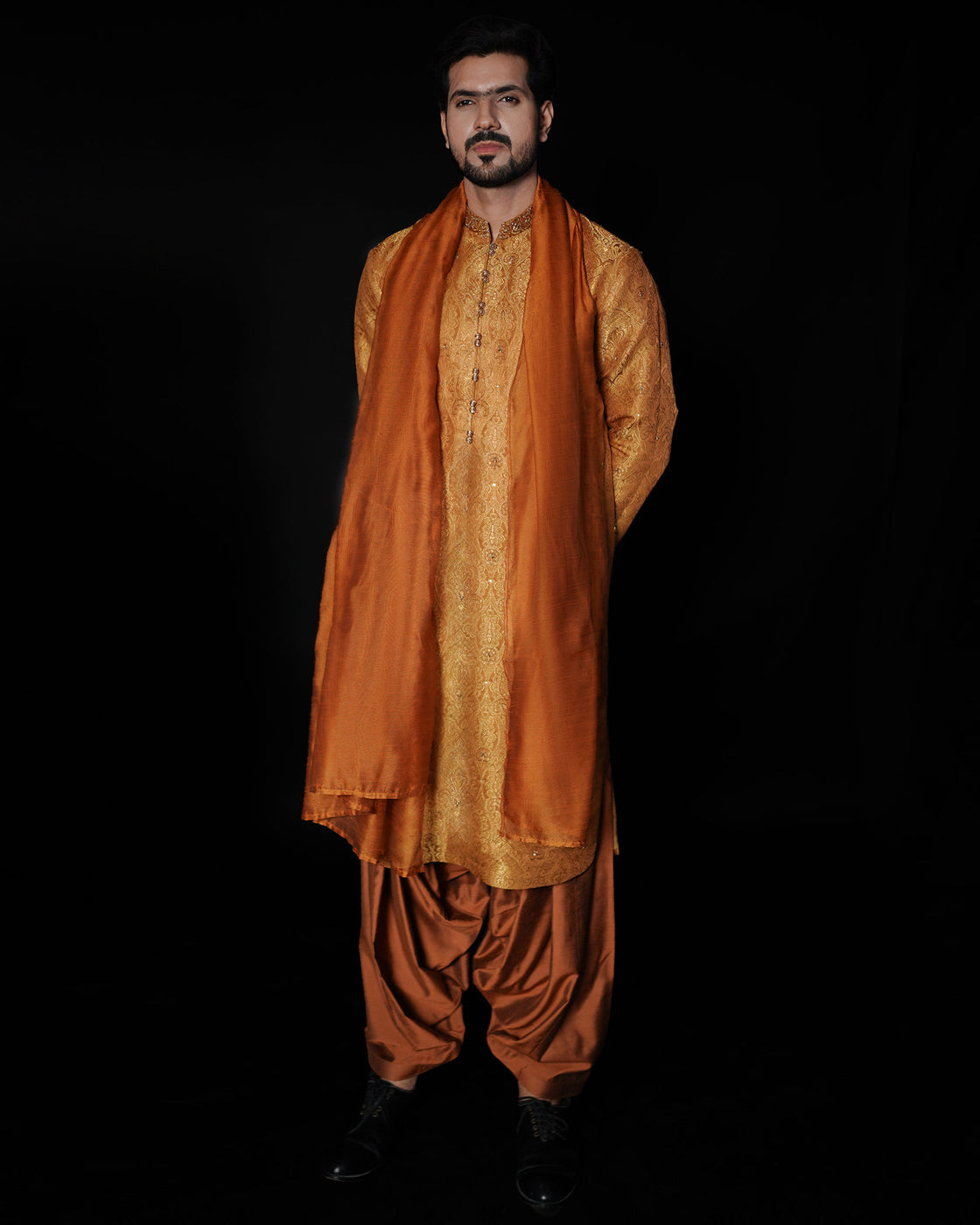 Rust Embroidered Atlas Kameez Shalwar with Dupatta For Men