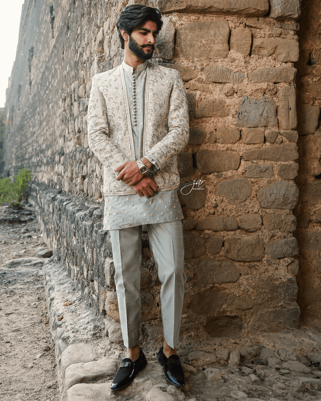 Grey 3-Piece Embroidered Suit with Prince Coat For Men