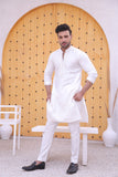 White Color Mirror Work Embroidery Loop Botton Kurta Pajama For Men