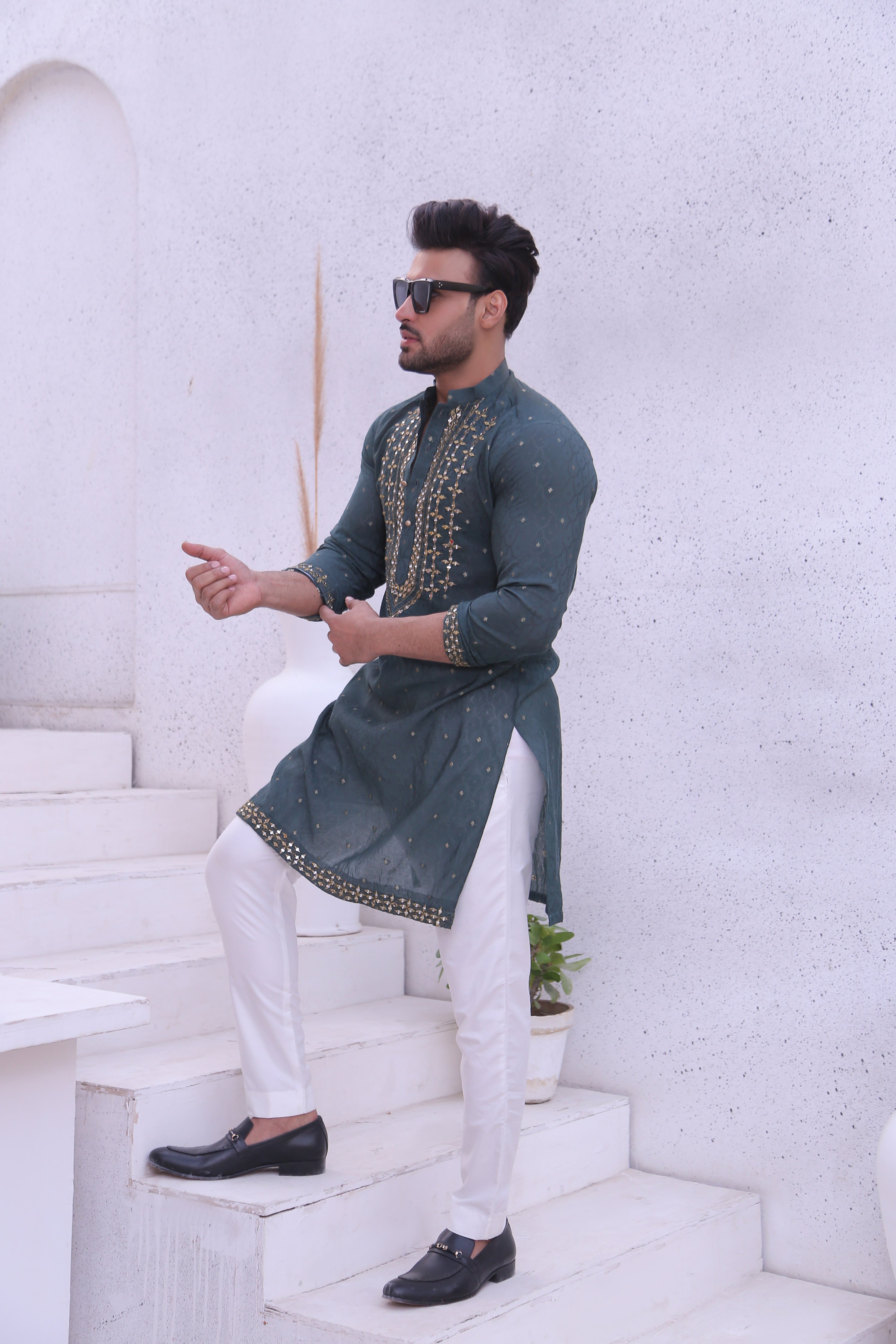Green Color Mirror Work Embroidery Kurta Pajama For Men