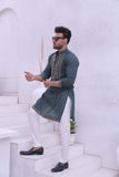 Green Color Mirror Work Embroidery Kurta Pajama For Men