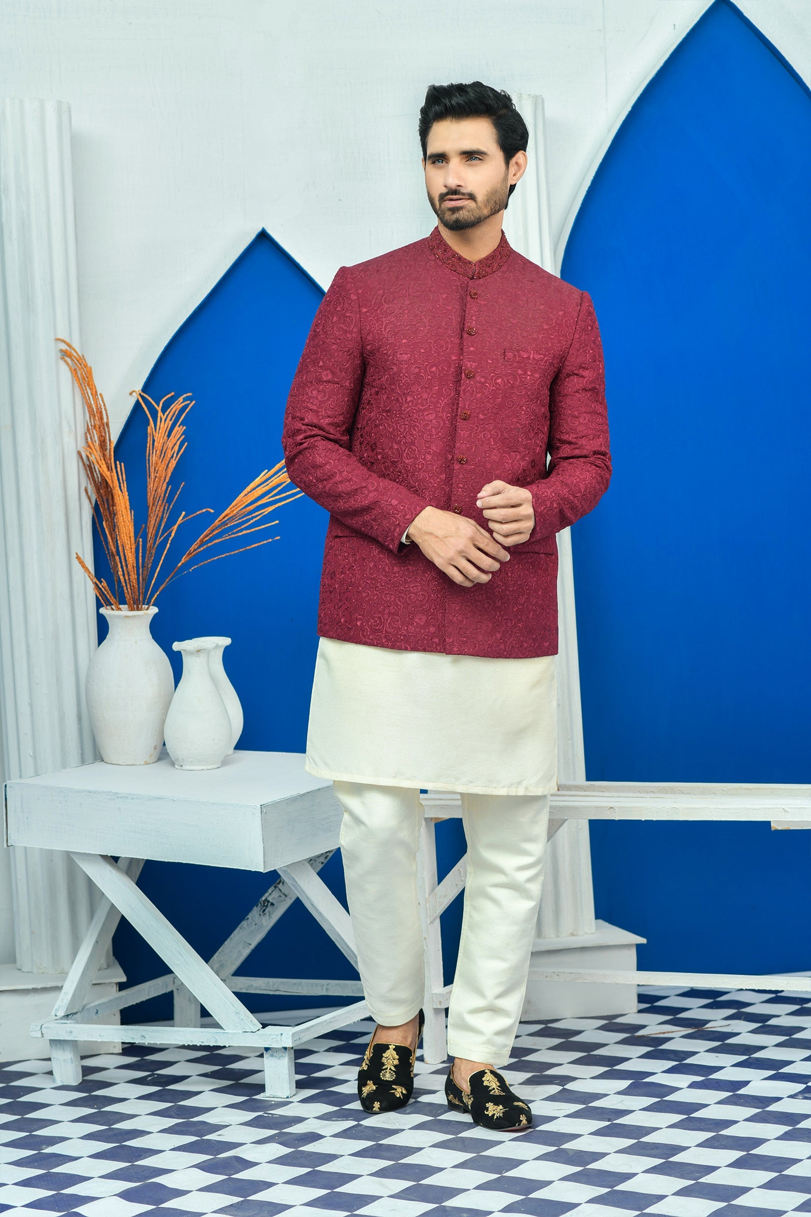 Maroon Color Kora & Dabka Embroidered Prince Coat For Men
