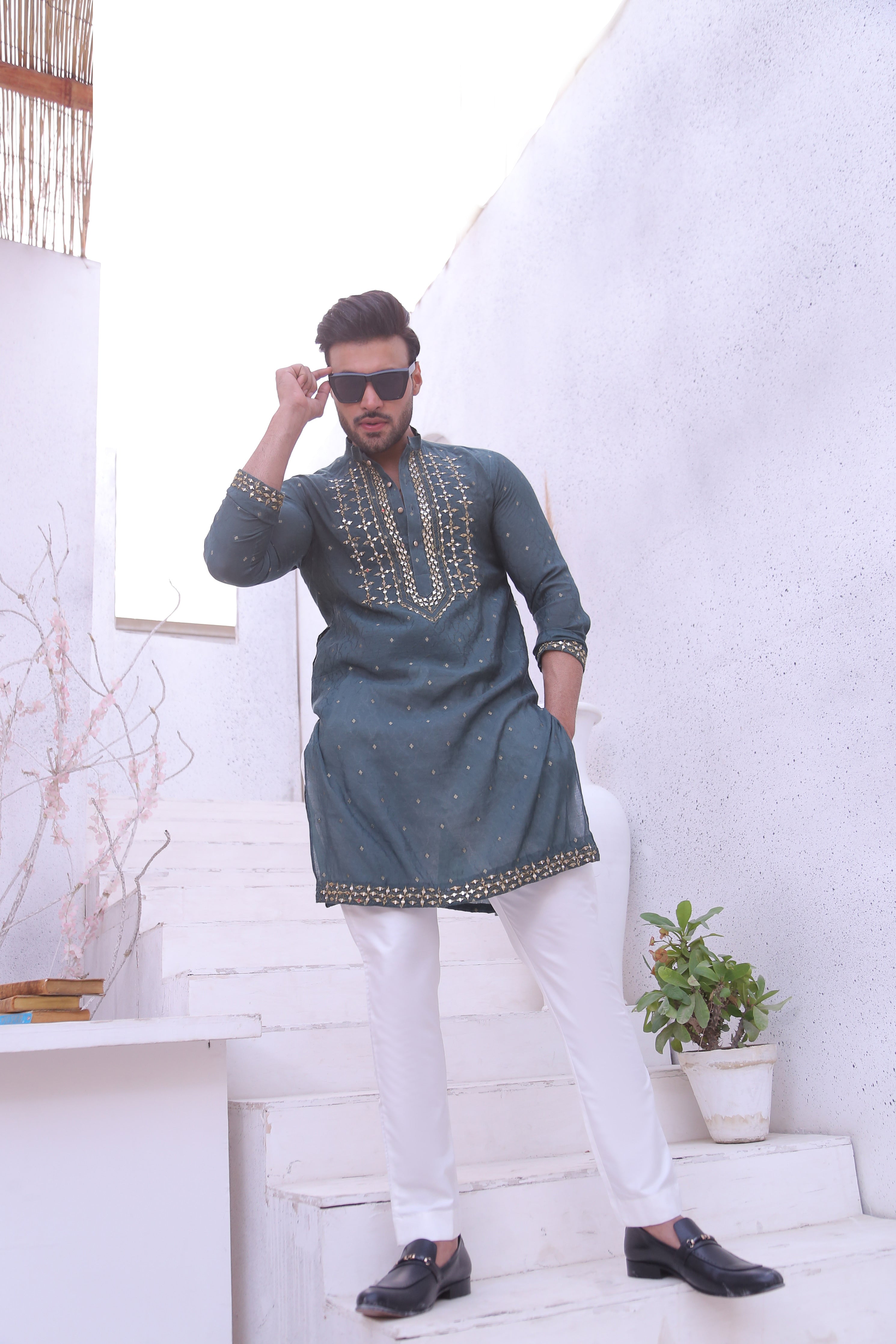 Green Color Mirror Work Embroidery Kurta Pajama For Men