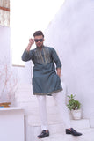 Green Color Mirror Work Embroidery Kurta Pajama For Men