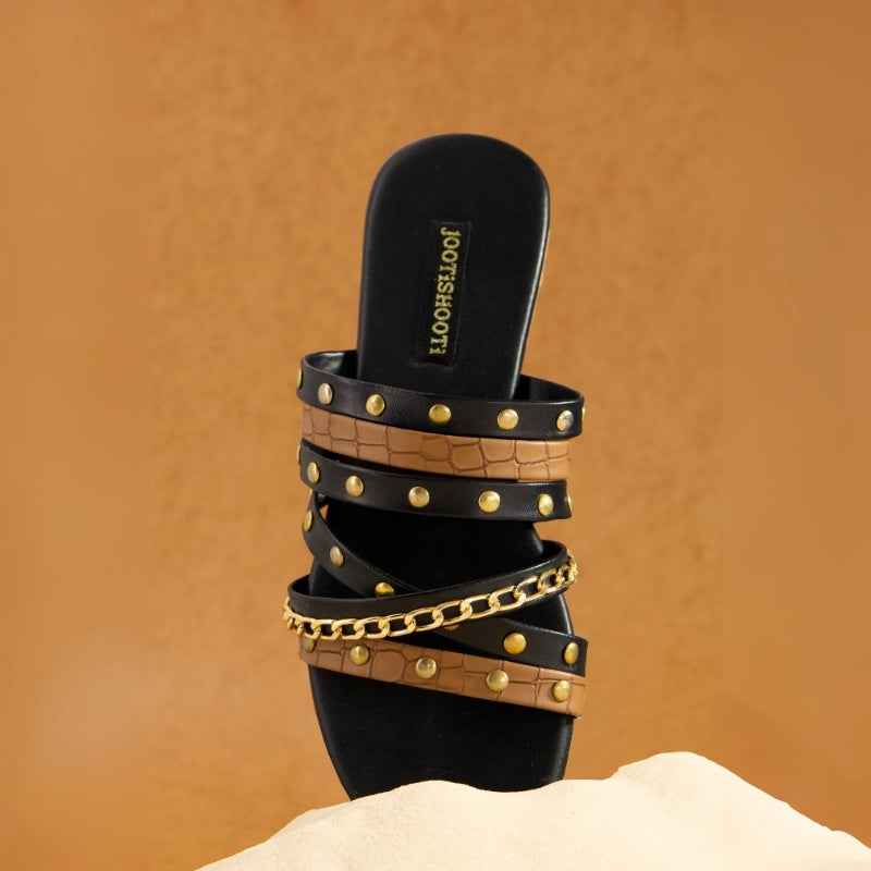 City Stud – Black & Tan Flats with Gold Studs and Chain Detail For Women