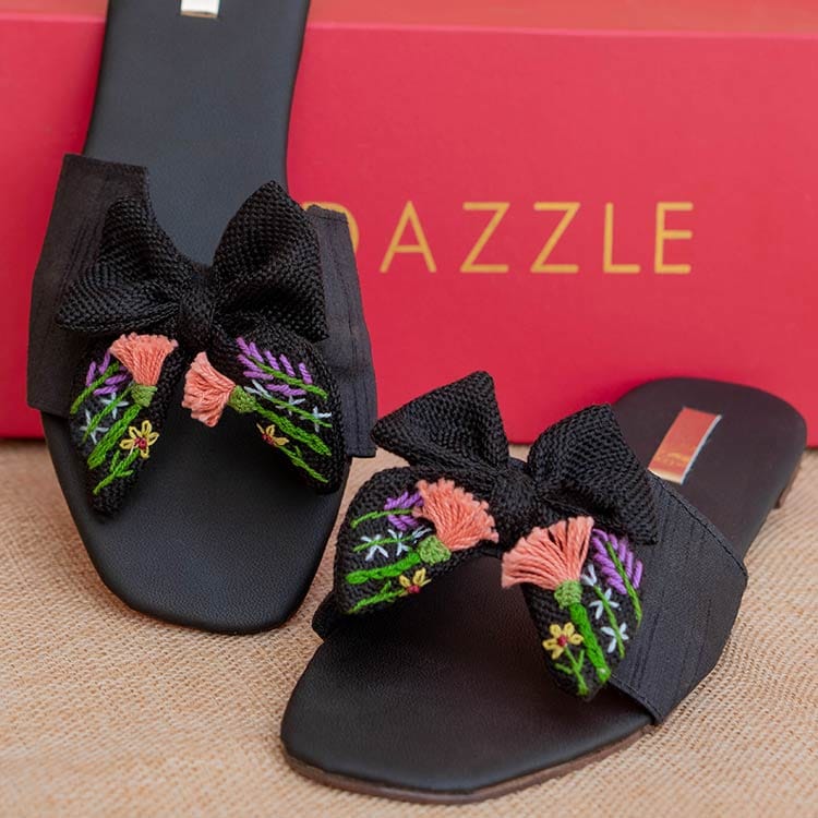 Black Bow Affairs Hand-Embroidered Bow Sliders By Dazzle