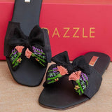 Black Bow Affairs Hand-Embroidered Bow Sliders By Dazzle