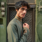 Olive Chickenkari Embroidered Kurta with Pajama For Men