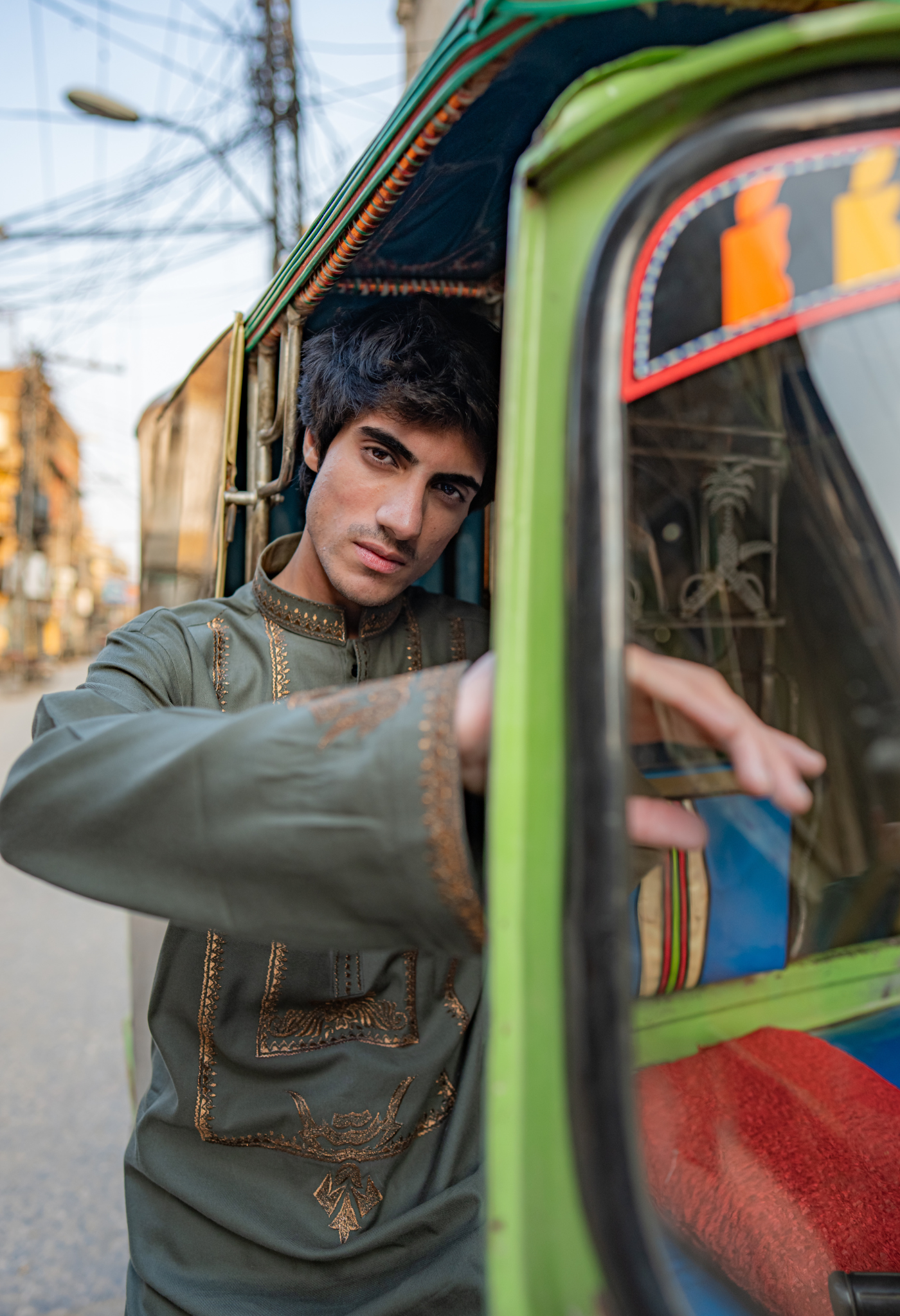 Olive Chickenkari Embroidered Kurta with Pajama For Men