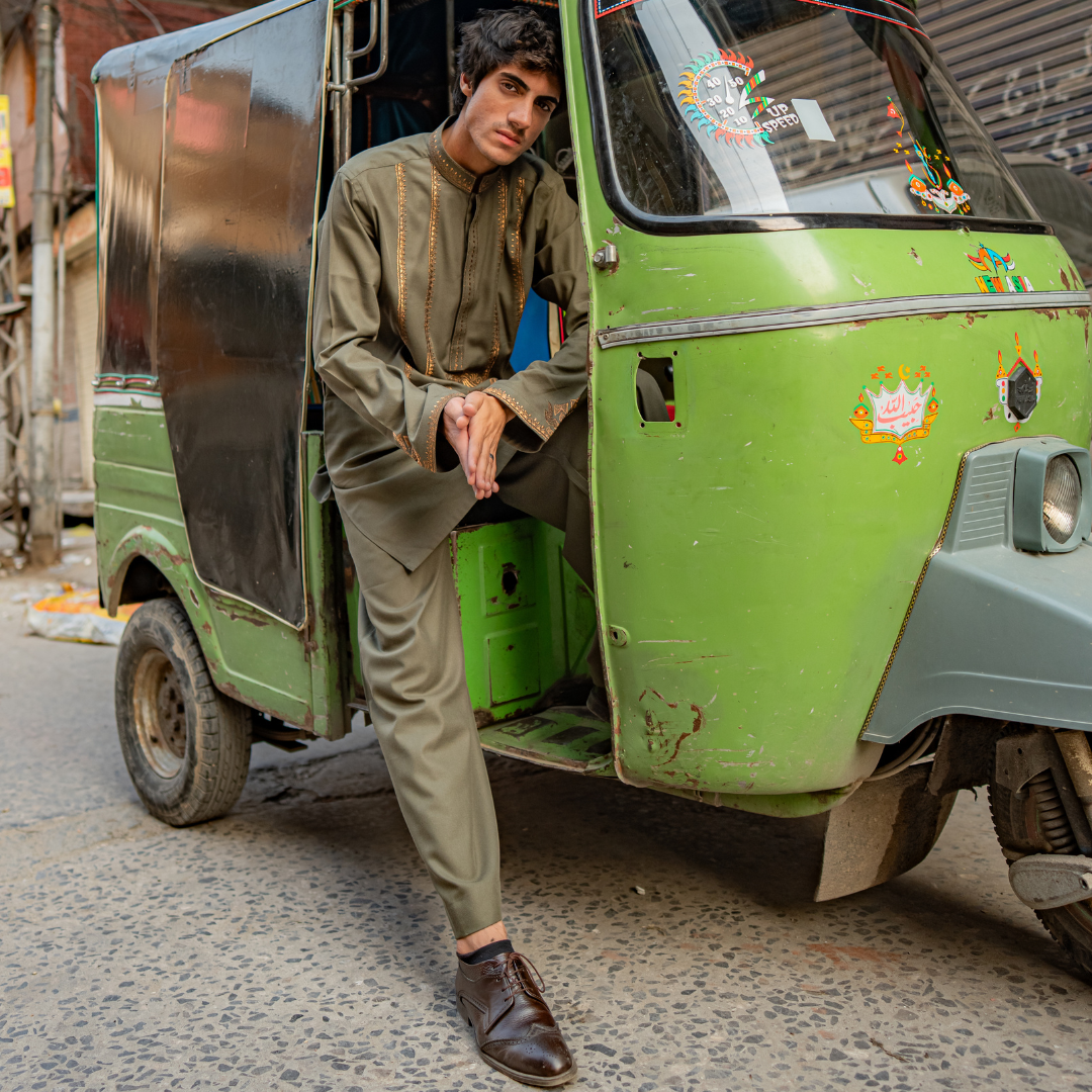 Olive Chickenkari Embroidered Kurta with Pajama For Men