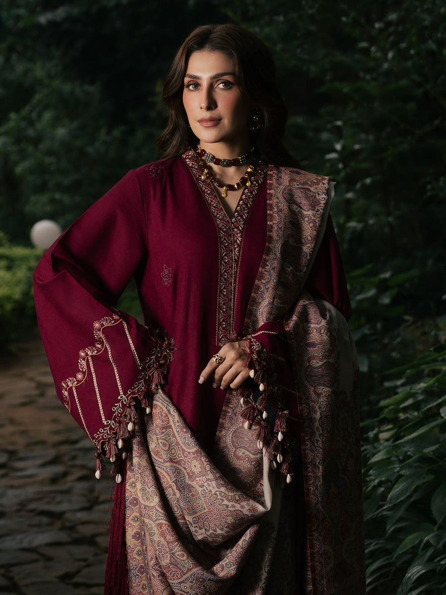 Afroze – Cherry Red Embroidered Winter Suit For Women
