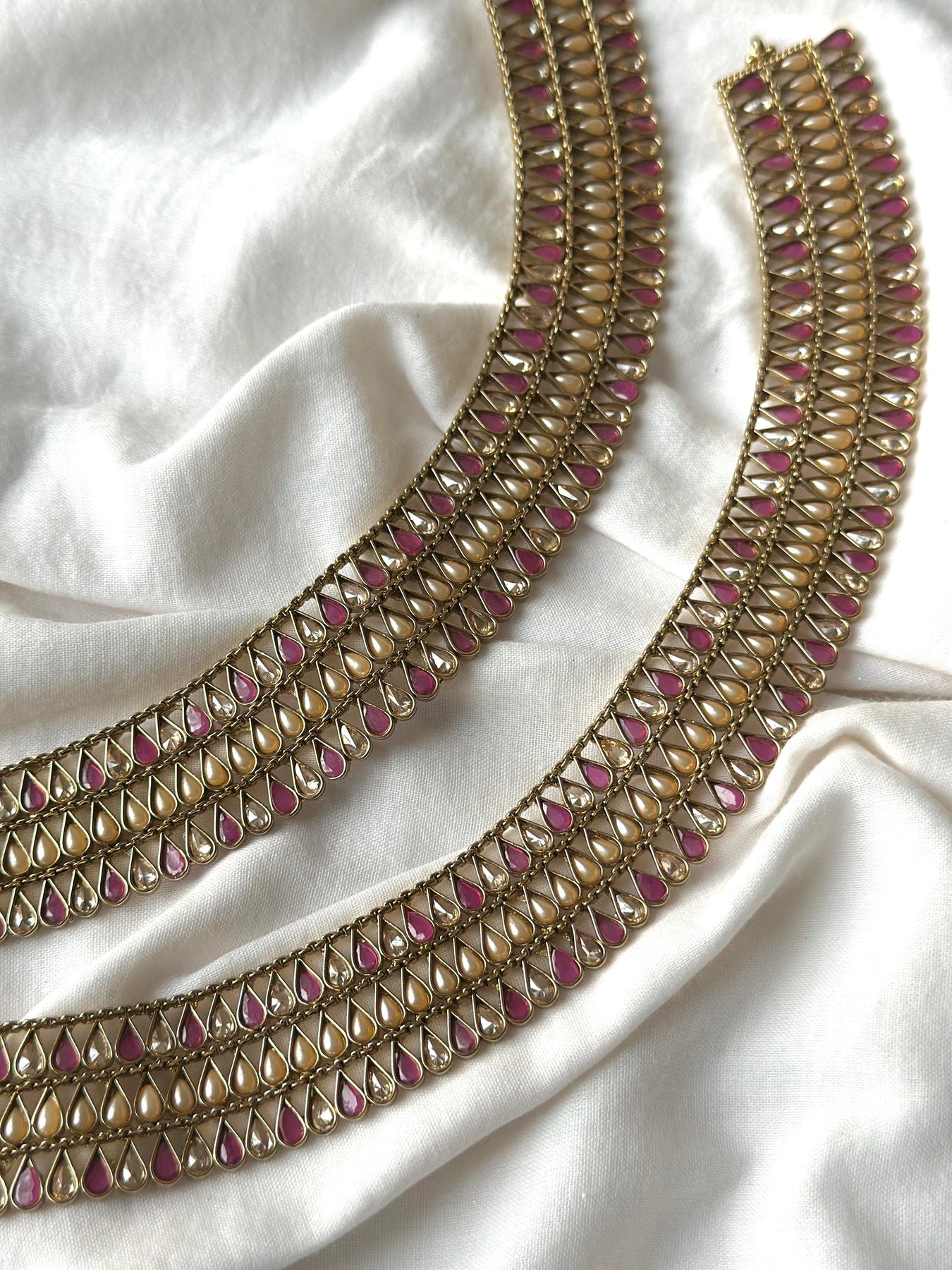 Ratna Jal Payal – Triple-Layered Design | Pearl, Ruby & Champagne Polki | Antique Brass Finish For Women