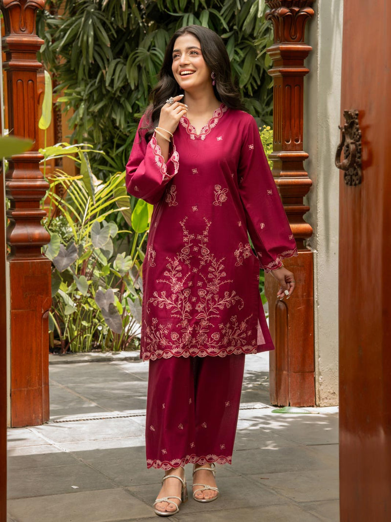 Deep Magenta 2-Piece Embroidered Cambric Suit – Rang-e-Bahar For Women