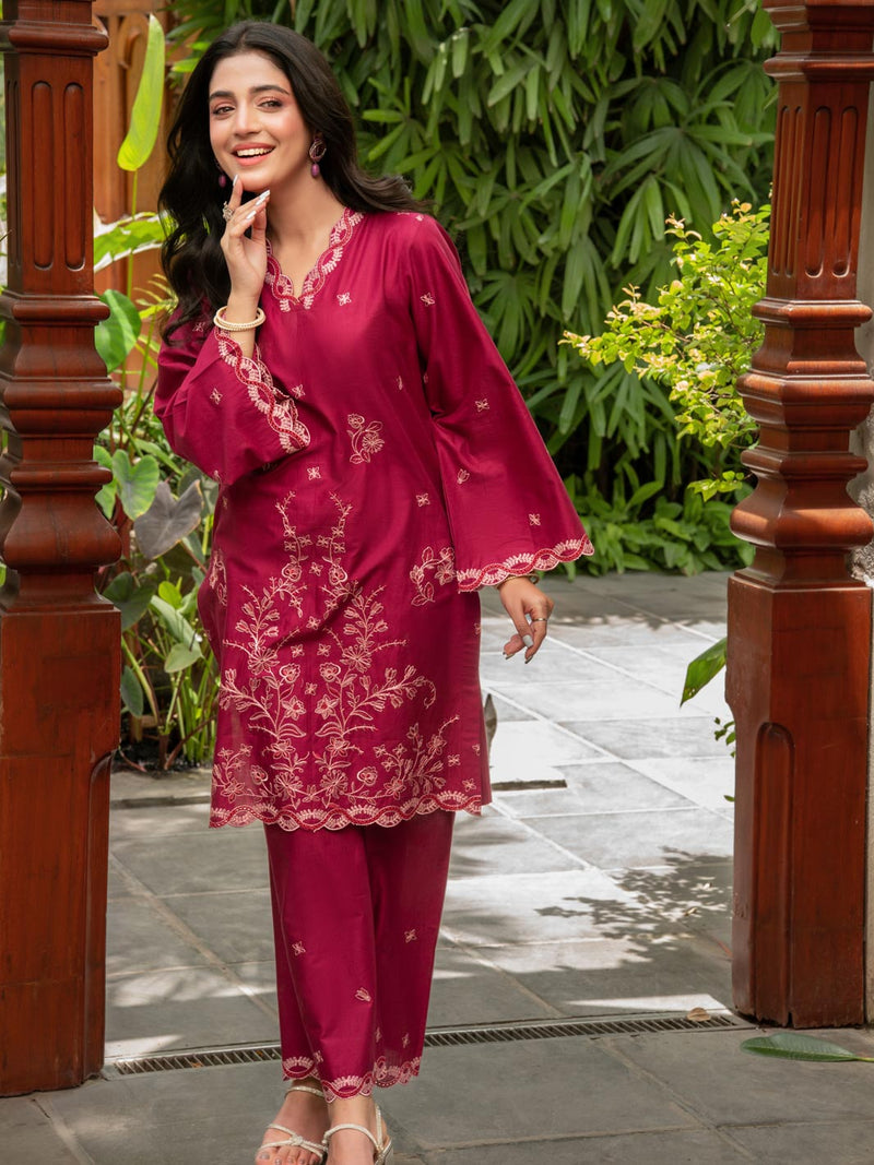 Deep Magenta 2-Piece Embroidered Cambric Suit – Rang-e-Bahar For Women