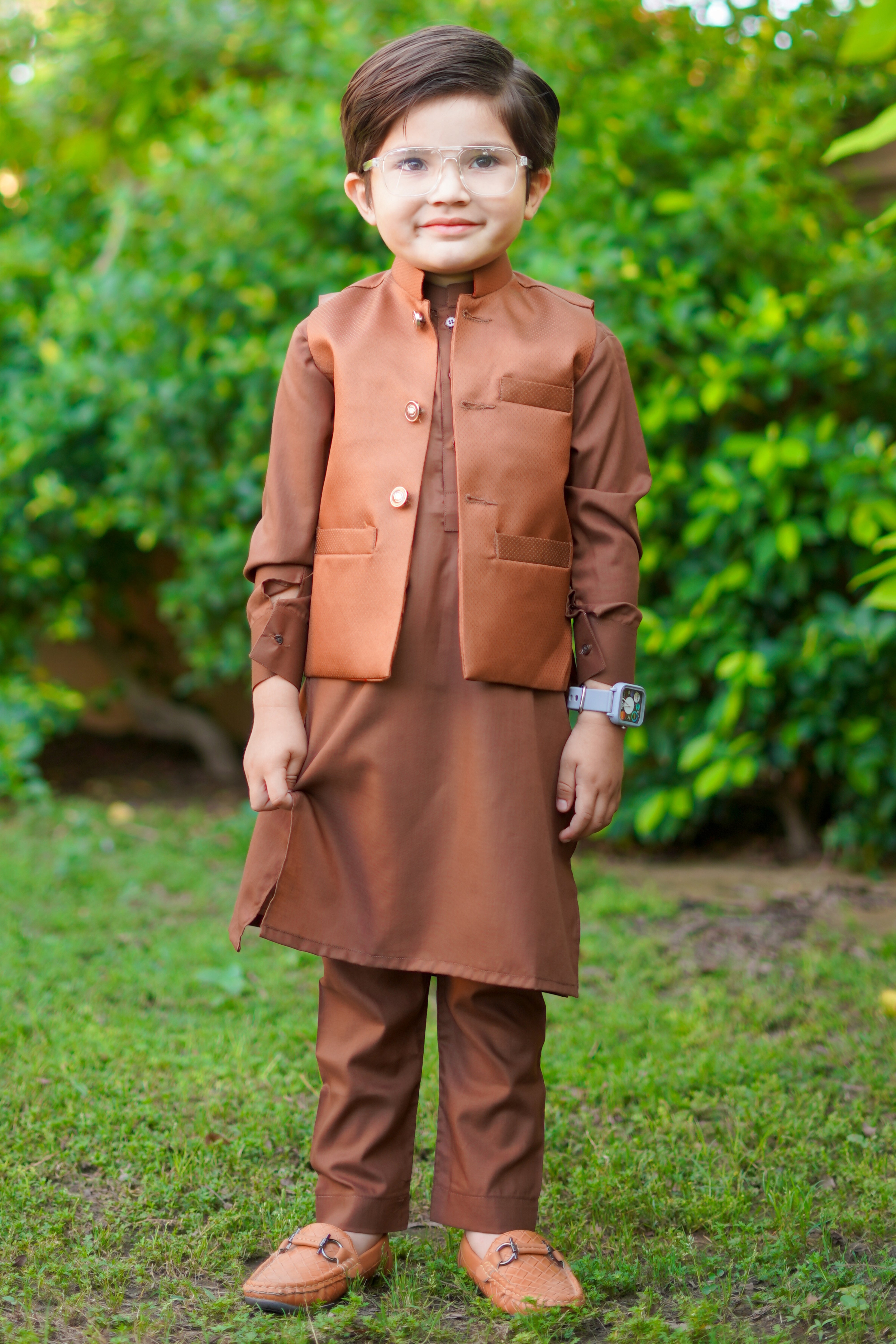 Almond Brown Stylish Blended Suiting Waistcoat Ensemble For Boys
