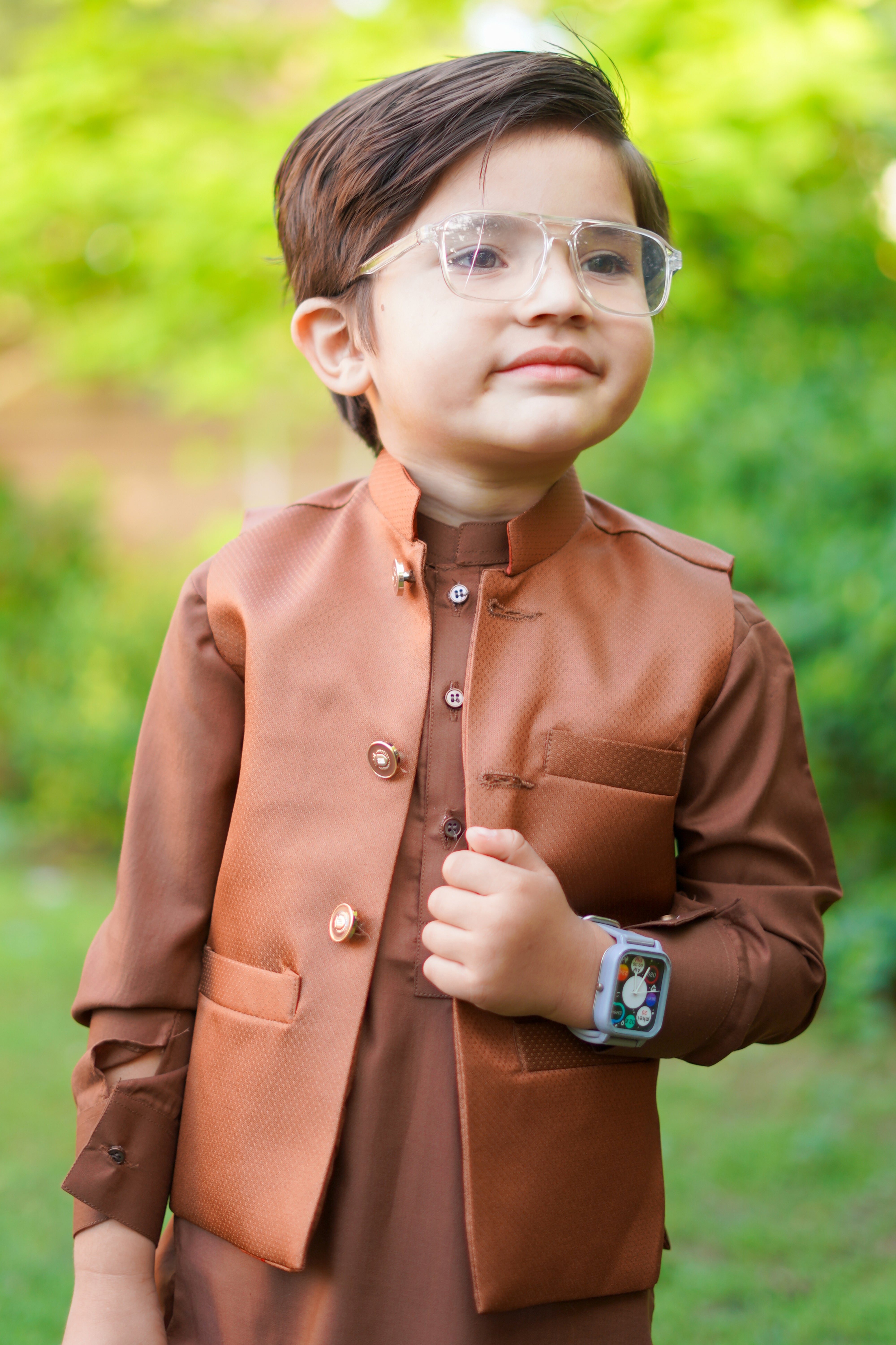 Almond Brown Stylish Blended Suiting Waistcoat Ensemble For Boys