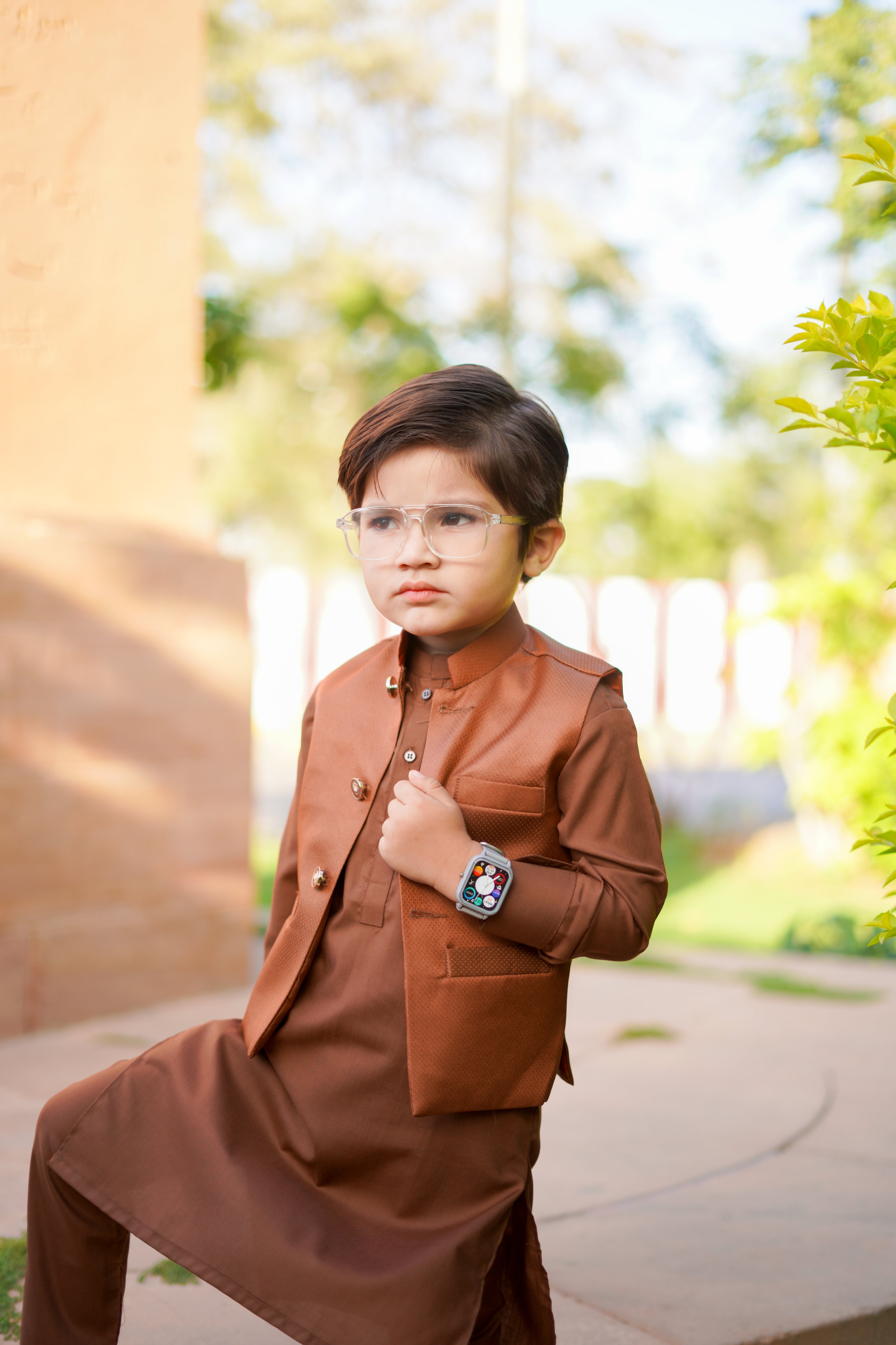 Almond Brown Stylish Blended Suiting Waistcoat Ensemble For Boys